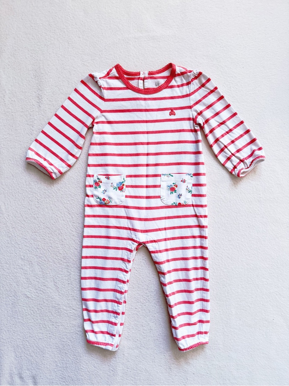 3/$25 Gap Coral Pink Striped Floral Pocket Romper 1-Piece Cotton Jumpsuit 18-24M